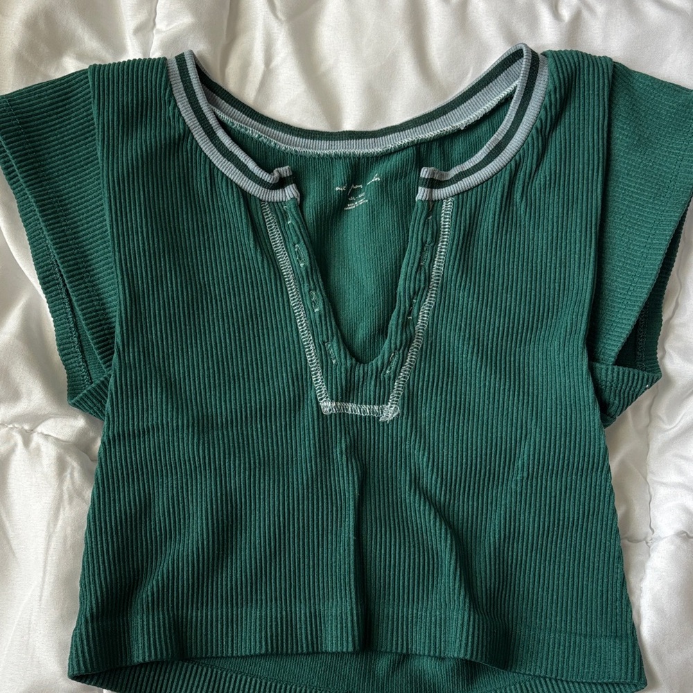 Urban Outfitters Green Ribbed Short Sleeve Top